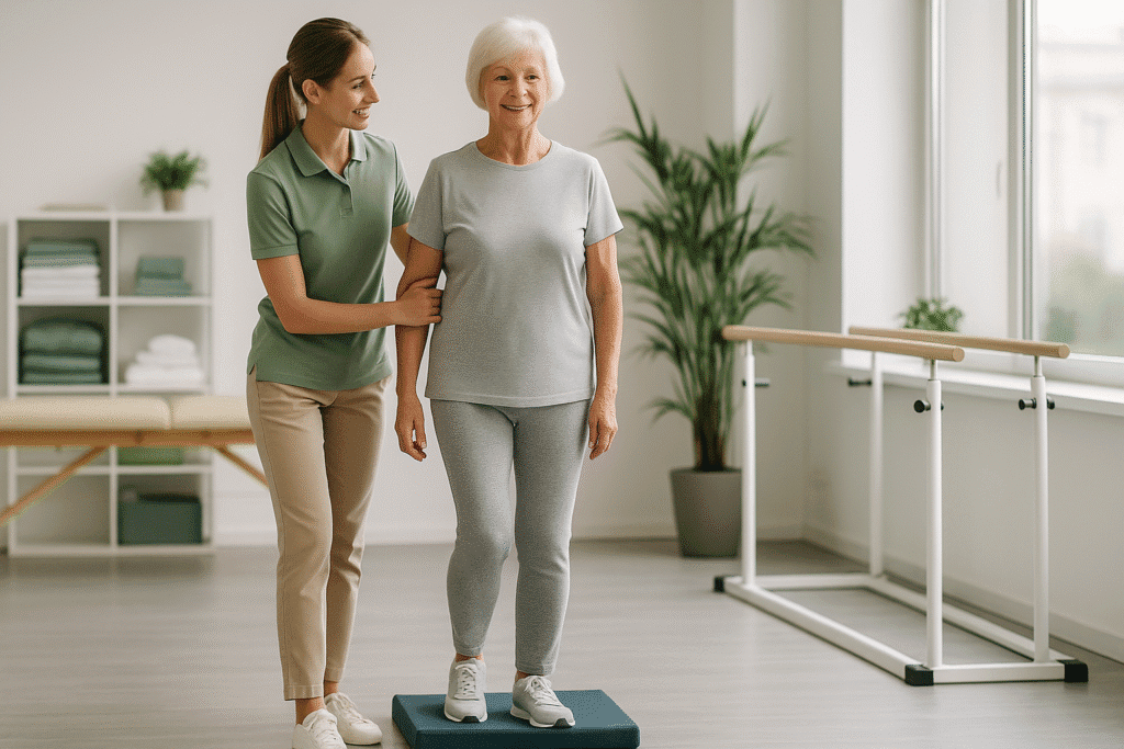 Senior wykonuje ćwiczenia równoważne z fizjoterapeutą w gabinecie – rehabilitacja seniorów w Piasecznie, profilaktyka upadków.