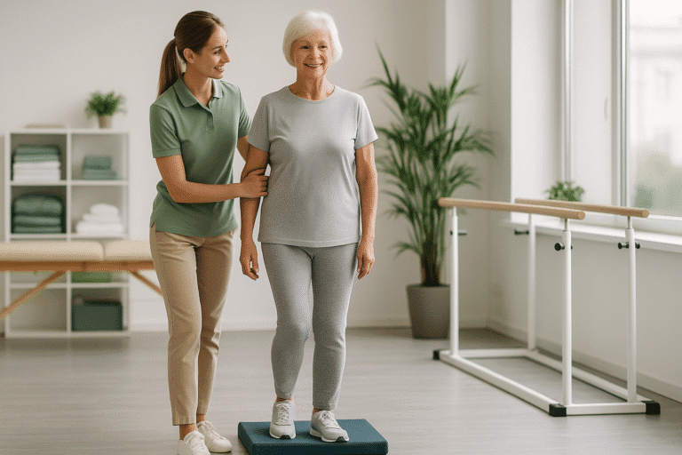 Senior wykonuje ćwiczenia równoważne z fizjoterapeutą w gabinecie – rehabilitacja seniorów w Piasecznie, profilaktyka upadków.