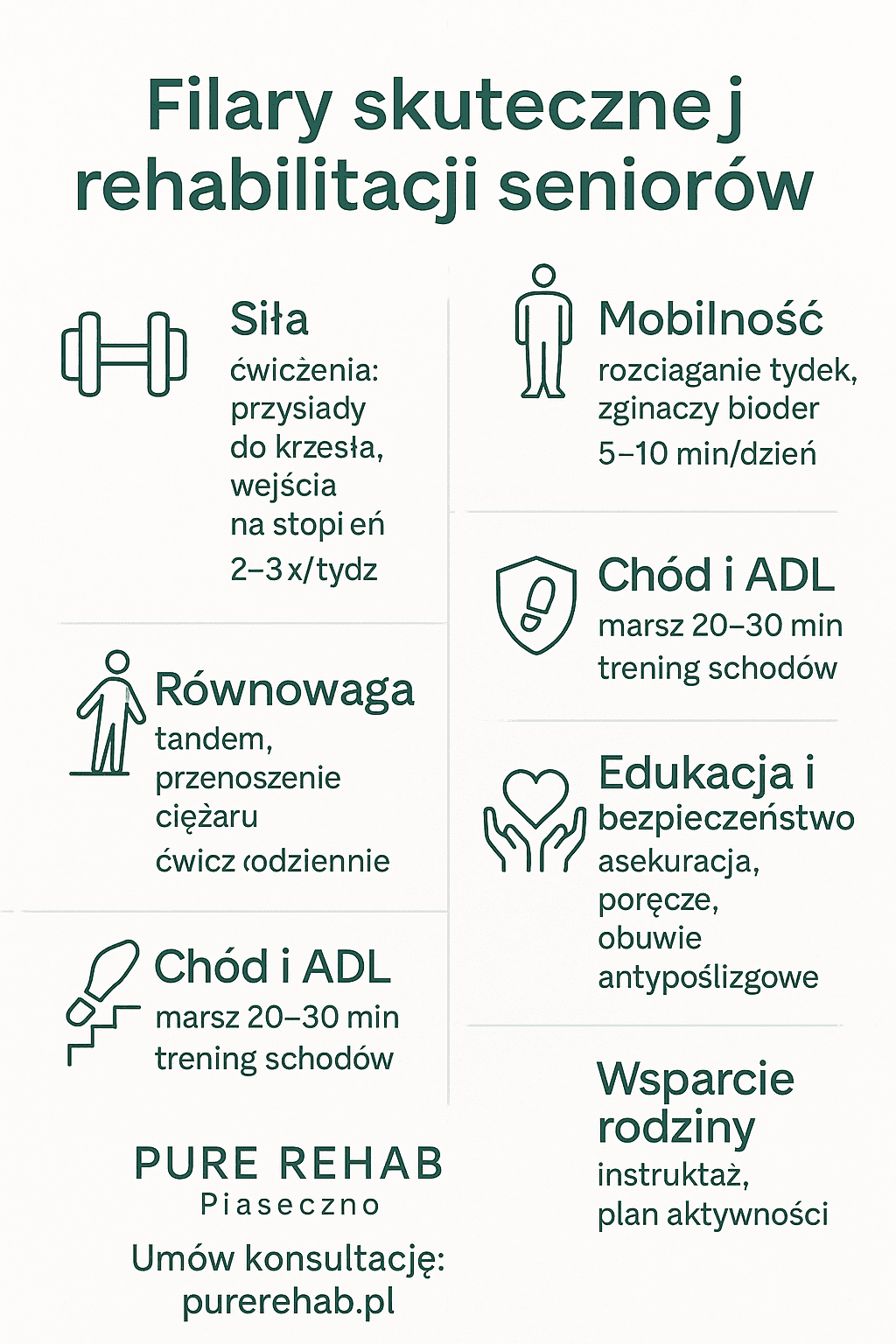 Filary skutecznej rehabilitacji seniorów — siła, równowaga, mobilność, trening chodu/ADL i edukacja bezpieczeństwa (Pure Rehab, Piaseczno).