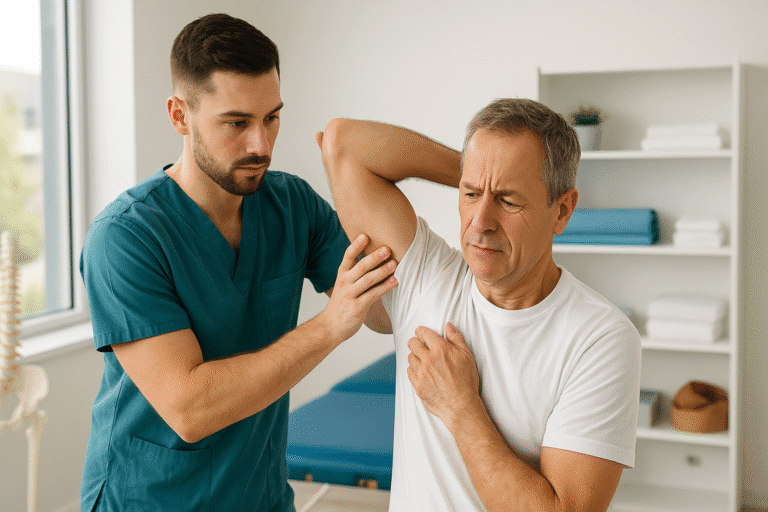 Fizjoterapeuta bada bolesny bark pacjenta w jasnym gabinecie – ocena ruchu i terapia manualna, Pure Rehab Piaseczno.