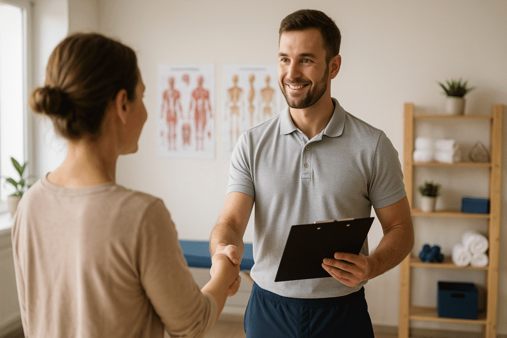 Fizjoterapeuta prowadzi pierwszą wizytę – wywiad i testy funkcjonalne pacjenta w jasnym gabinecie Pure Rehab (Piaseczno).