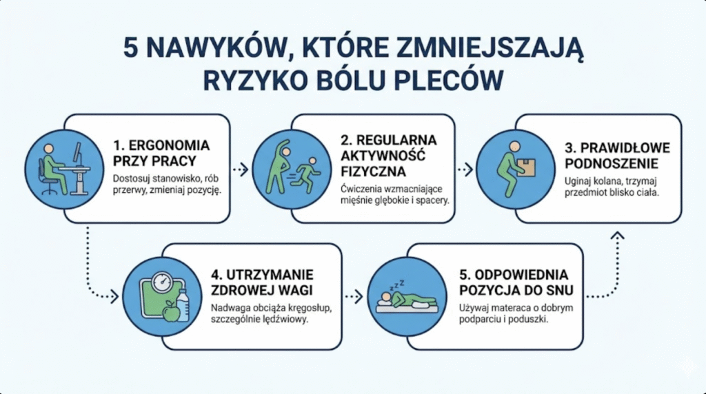 Infografika pokazująca pięć zdrowych nawyków zmniejszających ryzyko bólu pleców podczas pracy przy komputerze