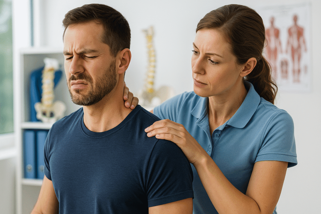 Fizjoterapeuta bada bark pacjenta w jasnym gabinecie – diagnostyka bólu barku, stożka rotatorów i szyi w Pure Rehab Piaseczno.