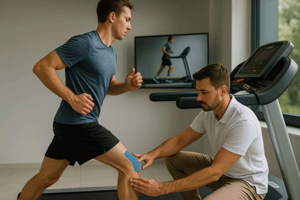 Biegacz z bólem po bocznej stronie kolana zatrzymuje się podczas treningu; fizjoterapeuta z Pure Rehab ocenia ITBS i doradza powrót do biegania.