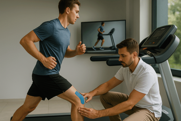 Biegacz z bólem po bocznej stronie kolana zatrzymuje się podczas treningu; fizjoterapeuta z Pure Rehab ocenia ITBS i doradza powrót do biegania.