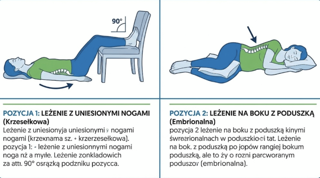 Dwie bezpieczne pozycje odciążające na ból kręgosłupa lędźwiowego – leżenie na plecach z nogami na krześle i leżenie na boku z ugiętymi nogam