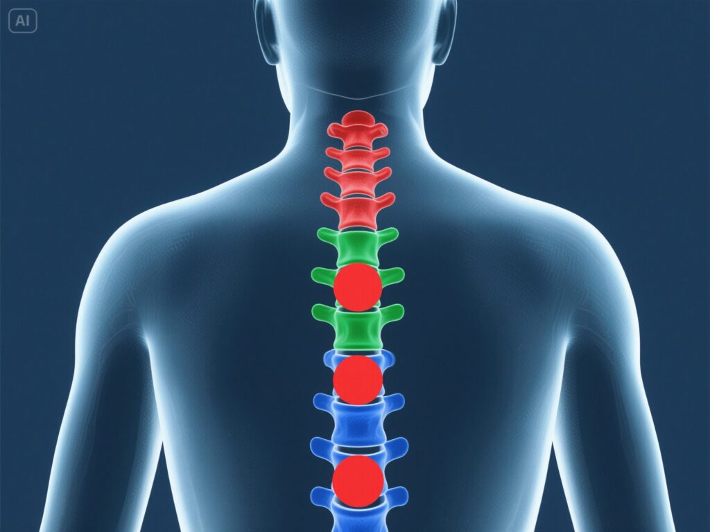 sylwetka człowieka z zaznaczonymi odcinkami kręgosłupa