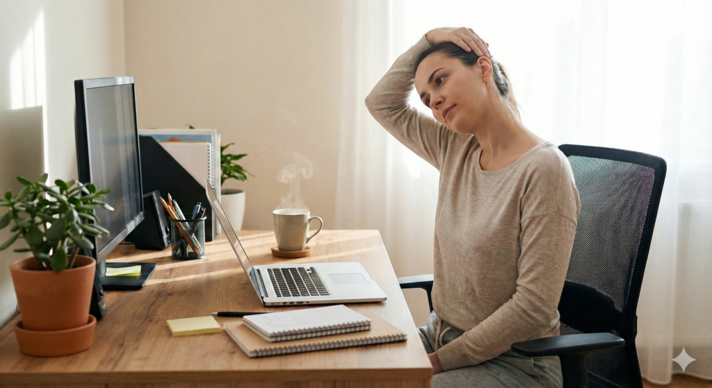 Kobieta pracujaca przy biurku w domu wykonuje cwiczenie rozciagajace kark - purerehab