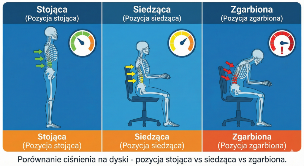 : Infografika pokazująca ciśnienie na kręgosłup w różnych pozycjach – praca siedząca ból pleców