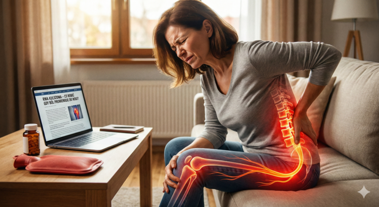 Anatomiczny schemat nerwu kulszowego i obszaru bólu przy rwie kulszowej – ból promieniujący od pleców przez pośladek do nogi