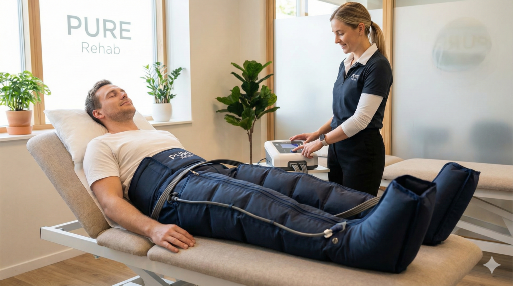 Zdjęcie pacjenta w trakcie zabiegu – leżącego w wygodnej pozycji z założonymi spodniami do presoterapii