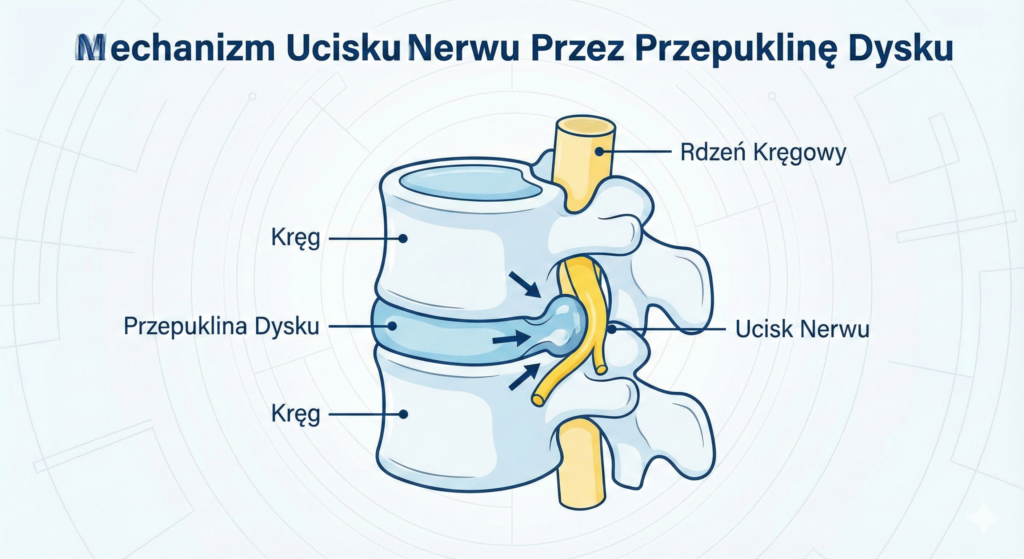 Schemat pokazujący jak przepuklina dysku uciska nerw kulszowy – przyczyna rwy kulszowej
