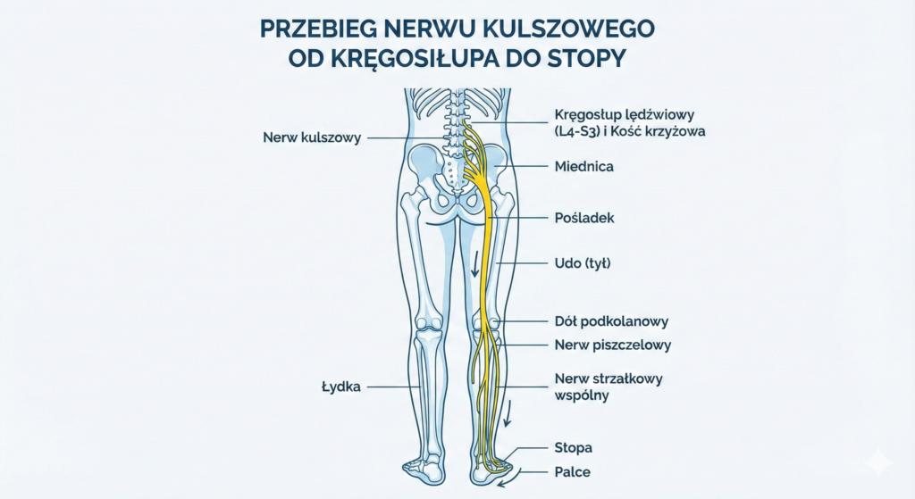 Anatomia nerwu kulszowego – przebieg od kręgosłupa lędźwiowego przez pośladek i nogę do stopy