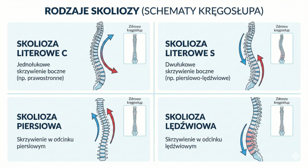 Infografika pokazująca różne typy skoliozy – kształt litery C i S, skolioza piersiowa i lędźwiowa