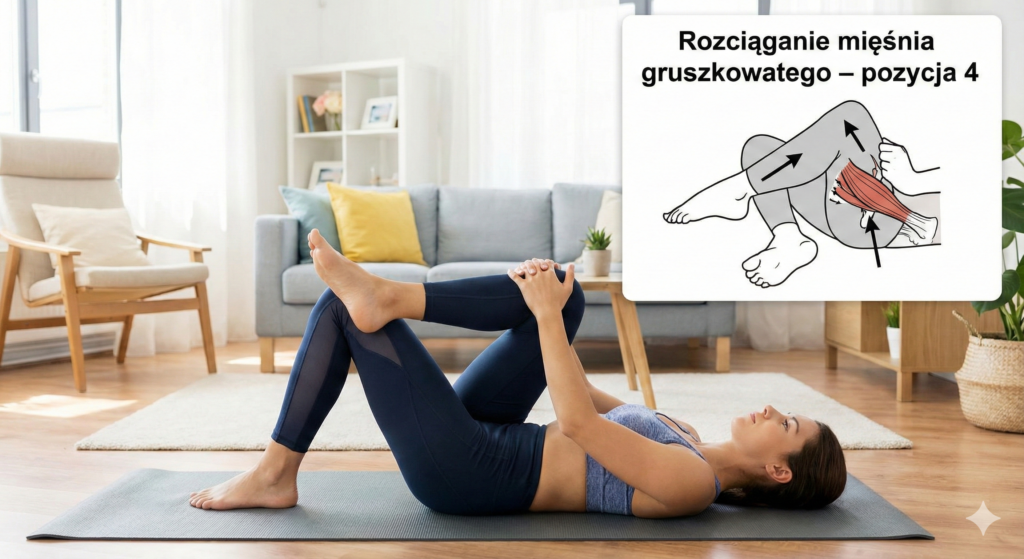 rozciąganie mięśnia gruszkowego - odpowiednie przyciąganie nogi