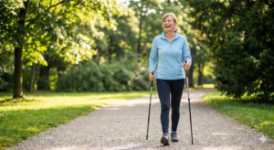 Aktywna kobieta po 50-tce wykonująca ćwiczenia nordic walking - bezpieczny powrót do aktywności fizycznej