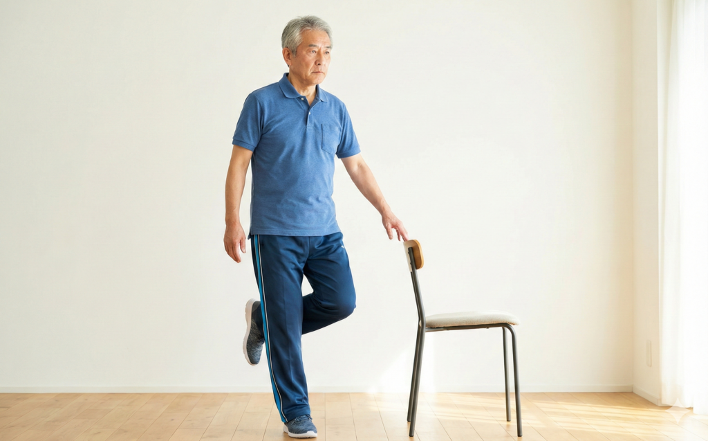 Ćwiczenia równowagi dla seniorów - bezpieczne stanie na jednej nodze z podparciem