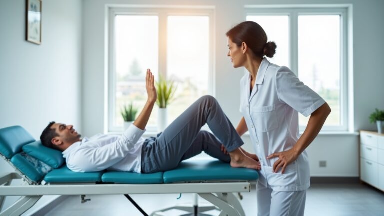 Fizjoterapeuta leczący ból biodra pacjenta w gabinecie rehabilitacyjnym Pure Rehab