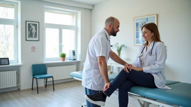 Fizjoterapeuta badający kolano pacjenta – diagnostyka bólu kolana w Pure Rehab Nowa Iwiczna