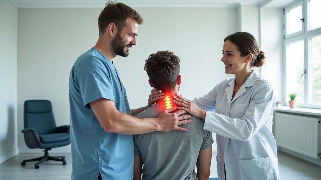 Fizjoterapeuta badający pacjenta z bólem kręgosłupa szyjnego w gabinecie Pure Rehab Nowa Iwiczna