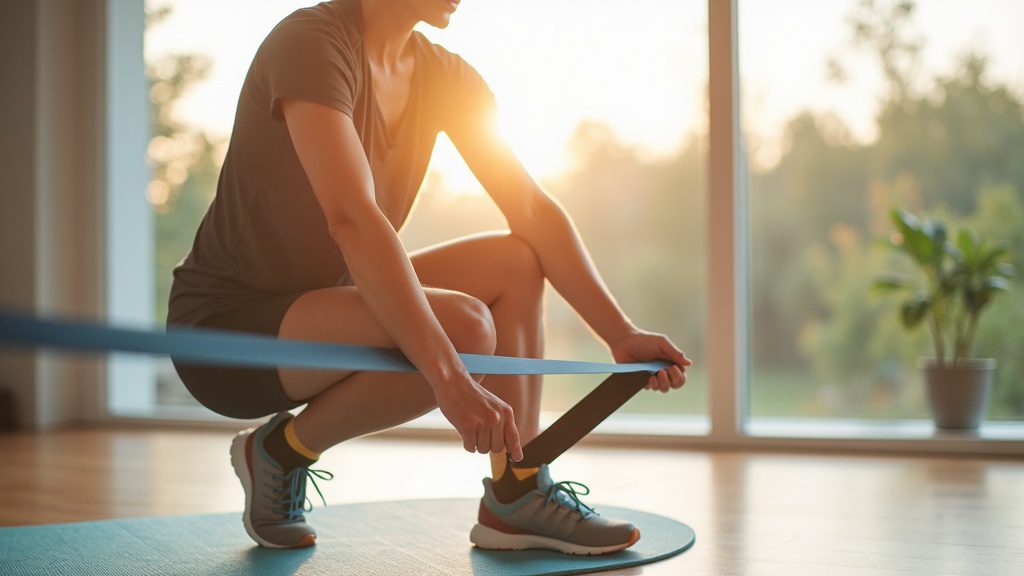 ból kolana przy wchodzeniu po schodach – ćwiczenia rehabilitacyjne z taśmą oporową Pure Rehab