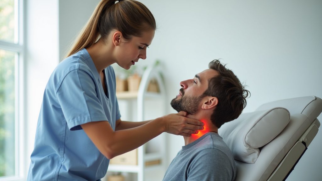 Pacjent wykonujący ćwiczenia rehabilitacyjne na kręgosłup szyjny pod kontrolą fizjoterapeuty w Pure Rehab Nowa Iwiczna