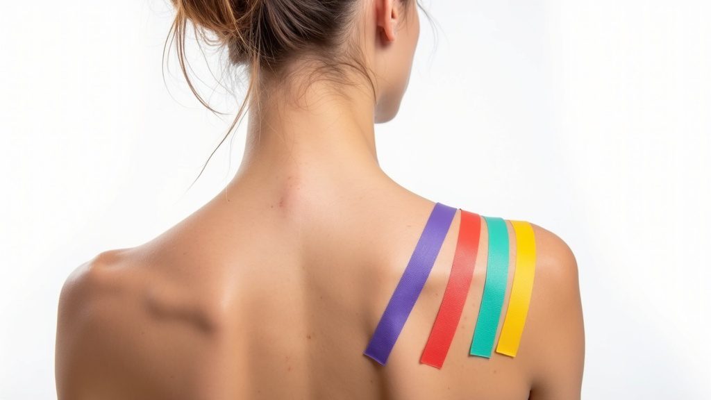 kolorowe taśmy kinesiotaping na ramieniu sportowca