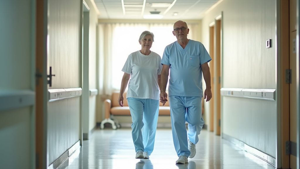 rehabilitacja po endoprotezie biodra - chodzenie z fizjoterapeutą Pure Rehab