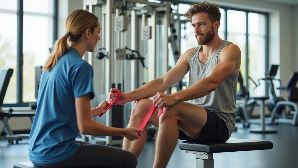 Pacjent wykonujący ćwiczenia rehabilitacyjne kolana z fizjoterapeutą – rehabilitacja więzadeł ACL MCL