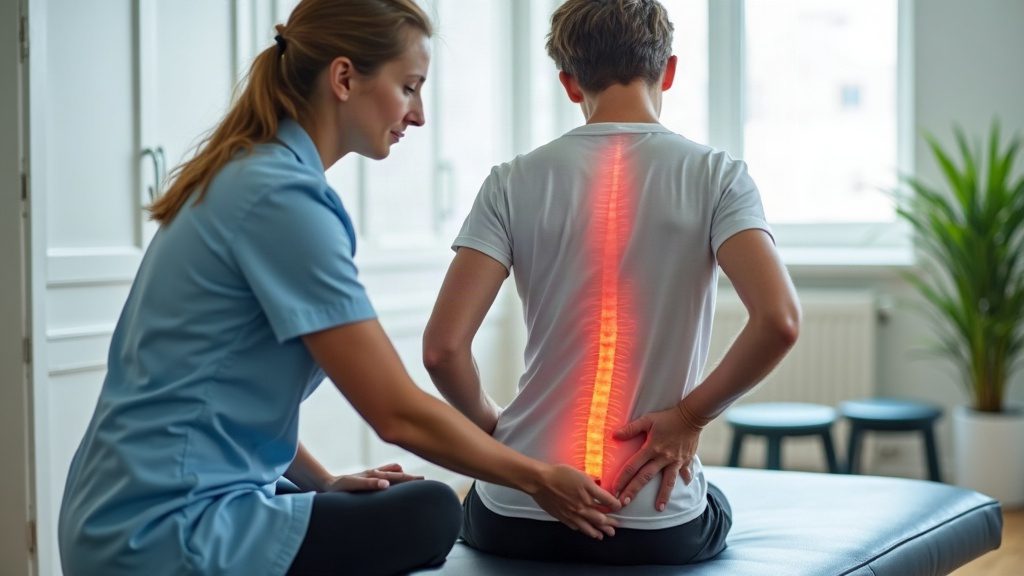 dyskopatia lędźwiowa fizjoterapia – terapeuta wykonuje terapię manualną kręgosłupa lędźwiowego