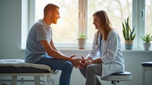 Fizjoterapeuta badający kolano pacjenta – rehabilitacja więzadeł kolana
