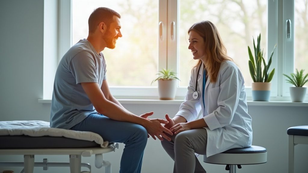 Fizjoterapeuta badający kolano pacjenta – rehabilitacja więzadeł kolana