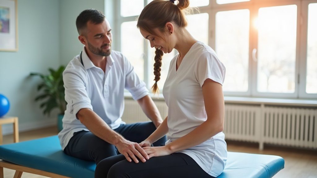 pacjent wykonuje ćwiczenia rehabilitacyjne biodra pod okiem fizjoterapeuty Pure Rehab