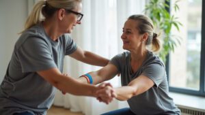 Fizjoterapeuta podczas rehabilitacji łokcia tenisisty w gabinecie Pure Rehab Nowa Iwiczna