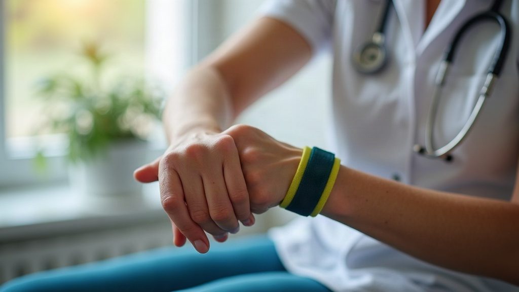 Pacjent wykonujący ćwiczenia rehabilitacyjne nadgarstka z taśmą oporową podczas terapii w Pure Rehab Nowa Iwiczna