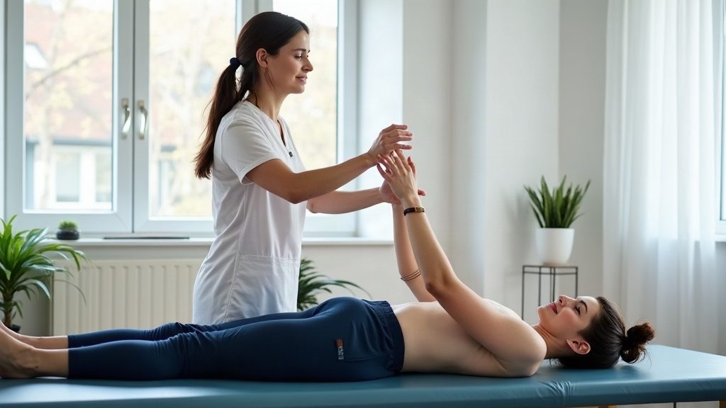 pacjent wykonujący ćwiczenia rehabilitacyjne przy skoliozie pod okiem fizjoterapeuty