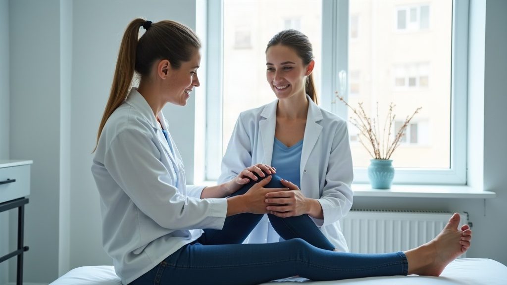 Fizjoterapeuta badający kolano pacjenta w gabinecie rehabilitacyjnym Pure Rehab