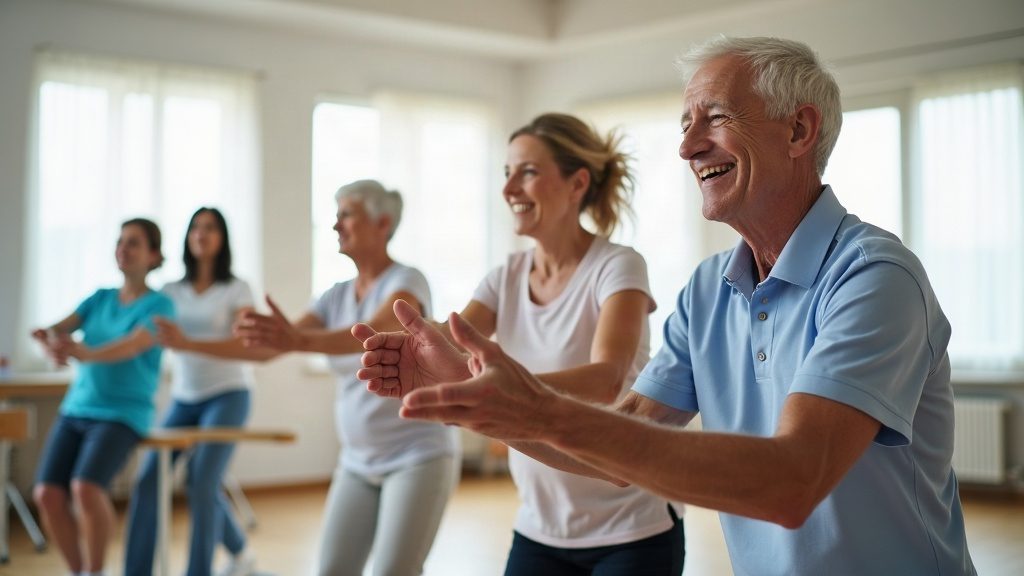 seniorzy wykonujący ćwiczenia rehabilitacyjne przy chorobie zwyrodnieniowej stawów w sali gimnastycznej