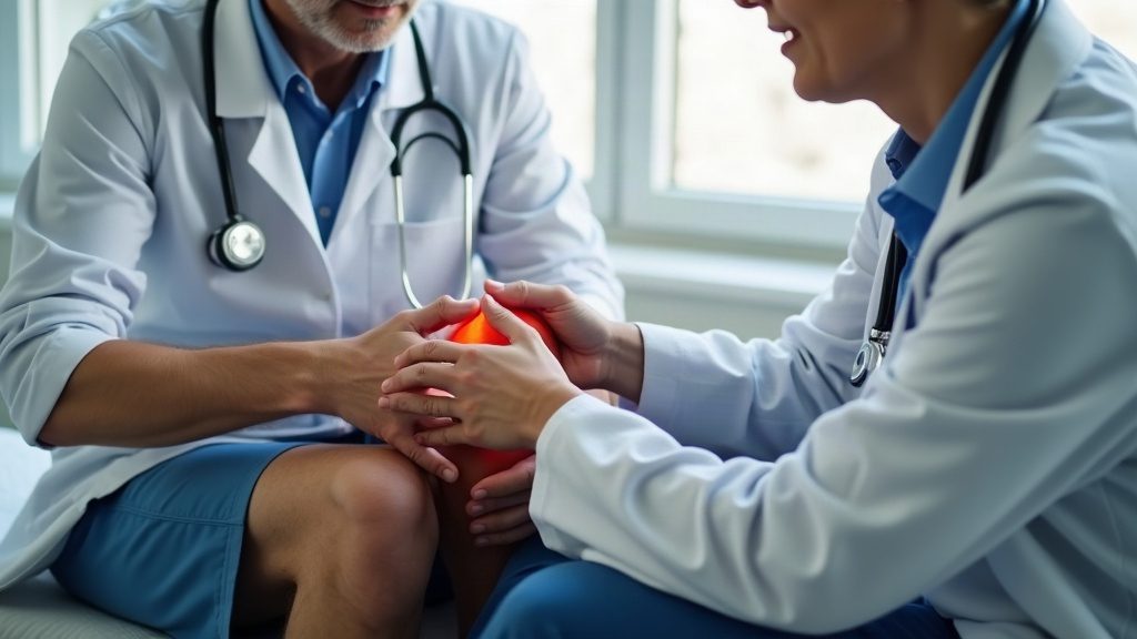 lekarz badający staw kolanowy pacjenta podczas diagnostyki choroby zwyrodnieniowej stawów